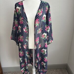 Piphany Size 3 Blue White Polka Dot Floral Kimono Shawl Swim Coverup Boho Beach